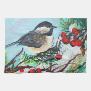 Süßer Chickadee-Vogel mit Beeren auf einem Ast Geschirrtuch