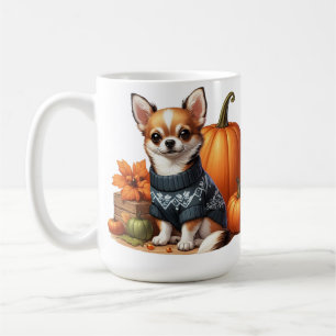 Süßer Chihuahua in Pullover mit Kürbissen Kaffeetasse