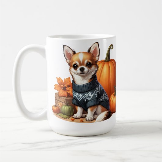Süßer Chihuahua in Pullover mit Kürbissen Kaffeetasse (Links)