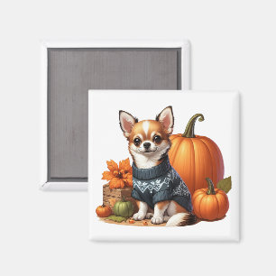 Süßer Chihuahua in Pullover mit Kürbissen Magnet