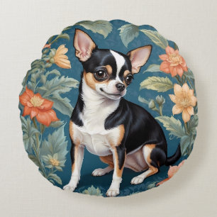 Süßer Chihuahua William Morris inspirierter Blumen Rundes Kissen