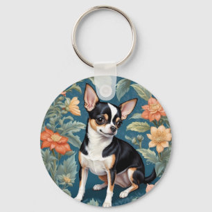Süßer Chihuahua William Morris Inspirierter Blumen Schlüsselanhänger