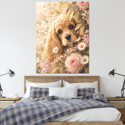Süßer Cocker Spaniel unter Blumen Leinwanddruck (Insitu (Schlafzimmer))