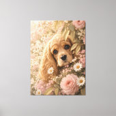 Süßer Cocker Spaniel unter Blumen Leinwanddruck (Vorderseite)