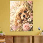 Süßer Cocker Spaniel unter Blumen Leinwanddruck (Insitu (Wohnzimmer))