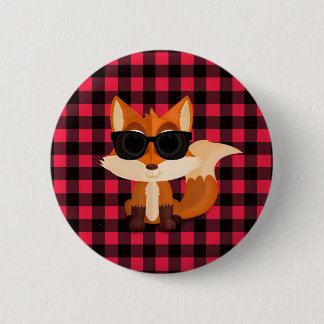 Süßer cooler Fuchs mit Sonnenbrille auf rotem Ging Button