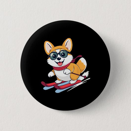 Süßer Corgi beim Skifahren Button (Vorderseite)