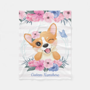 Süßer Corgi-Hund Blumenkranz Blauer Schmetterling  Fleecedecke