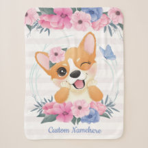 Süßer Corgi-Hund Blumenkranz Blauer Schmetterling