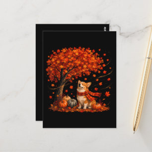 Süßer Corgi-Hund mit Herbstlaub Wald Herbst Postkarte