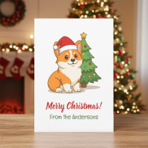 Süßer Corgi-Hund mit roter Mütze und Weihnachtsbau