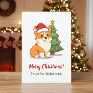 Süßer Corgi-Hund mit roter Mütze und Weihnachtsbau Feiertagskarte