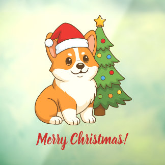 Süßer Corgi-Hund mit roter Mütze und Weihnachtsbau Fensteraufkleber