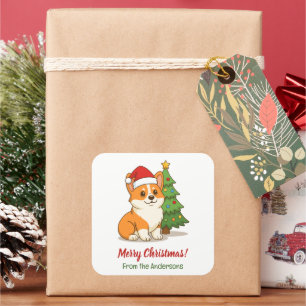 Süßer Corgi-Hund mit roter Mütze und Weihnachtsbau Quadratischer Aufkleber