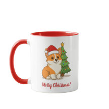 Süßer Corgi-Hund mit roter Mütze und Weihnachtsbau