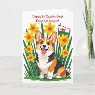Süßer Corgi-Hund zwischen Narzissen unterstützt Wa Karte