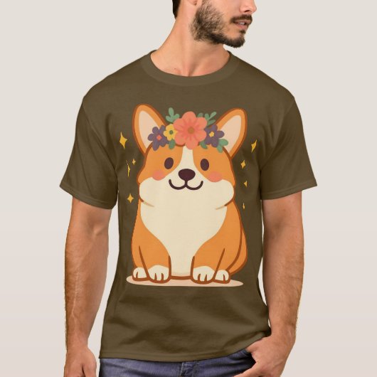 Süßer Corgi mit Blumenkrone T-Shirt (Vorderseite)
