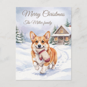 Süßer Corgi mit Handschuh-Wald-Weihnachten-Karte Feiertagspostkarte