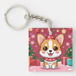 Süßer Corgi-Welpe mit Weihnachtsgeschenken Schlüsselanhänger