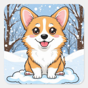 Süßer Corgi-Welpe sitzt in einer schneebedeckten W Quadratischer Aufkleber