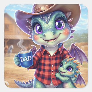 Süßer Cowboy-Drache-Vater-Quadrat-Aufkleber Quadratischer Aufkleber