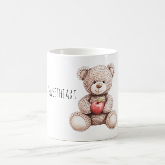 Süßer cremefarbener Teddybär aus Strick mit Apfel Kaffeetasse (Mittel)