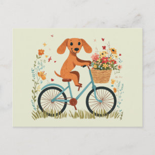 Süßer Dachshund beim Radfahren mit Frühlingsblumen Postkarte