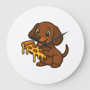 Süßer Dachshund Cartoon Pizza Pizza Liebhaber Hund Große Wanduhr
