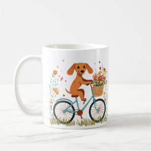 Süßer Dachshund Hund beim Radfahren mit Frühlingsb Kaffeetasse