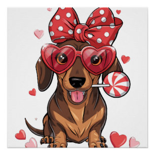 Süßer Dachshund mit Herzbrille und Polka Dot Poster