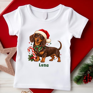 Süßer Dachshund Weihnachtsmann Hut Name Kinder Wei T-Shirt
