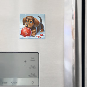 Süßer Dachshund-Welpe spielt mit rotem Ball Magnet