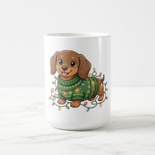 Süßer Dachshund-Welpe Weihnachtspullover-Lichter-T Kaffeetasse