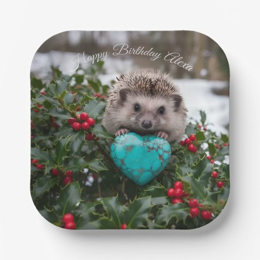 Süßer Dezember-Igel mit Türkis-Herz Pappteller (Vorderseite)
