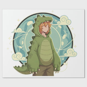 Süßer Dino-Freund Anime-Junge - Grüner Dinosaurier Geschenkpapier