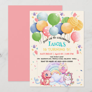 Süßer Dinosaurier Einhorn Regenbogen Donut Ballon Einladung