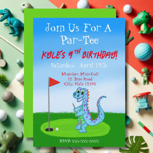 Süßer Dinosaurier-Golf-Theme zum 9. Geburtstag Einladung