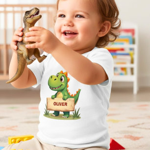 Süßer Dinosaurier mit Namensschild Personalisiert Baby T-shirt