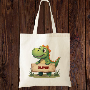 Süßer Dinosaurier mit Namensschild personalisiert Tragetasche