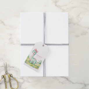Süßer Dinosaurier mit rosa Schleife Baby Shower Da Geschenkanhänger