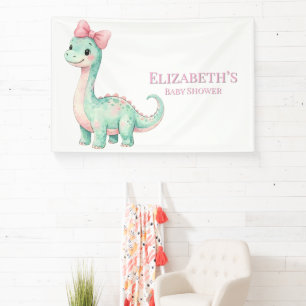 Süßer Dinosaurier mit rosa Schleife Baby Shower Wi Banner