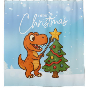 Süßer Dinosaurier mit Weihnachtsbaum Duschvorhang