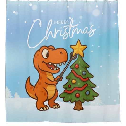Süßer Dinosaurier mit Weihnachtsbaum Duschvorhang (Vorderseite)