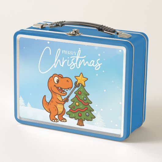 Süßer Dinosaurier mit Weihnachtsbaum Metall Brotdose (Vorderseite)