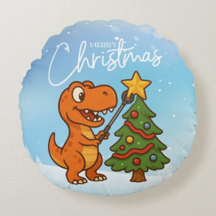 Süßer Dinosaurier mit Weihnachtsbaum Rundes Kissen