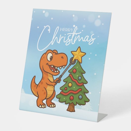 Süßer Dinosaurier mit Weihnachtsbaum Sockelschild (Vorderseite)