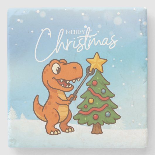 Süßer Dinosaurier mit Weihnachtsbaum Steinuntersetzer (Vorderseite)