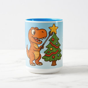 Süßer Dinosaurier mit Weihnachtsbaum Zweifarbige Tasse