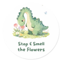 Süßer Dinosaurier Stopp und rieche an den Blumen A