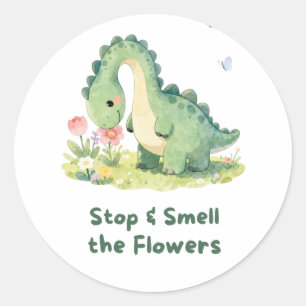 Süßer Dinosaurier Stopp und rieche an den Blumen A Runder Aufkleber